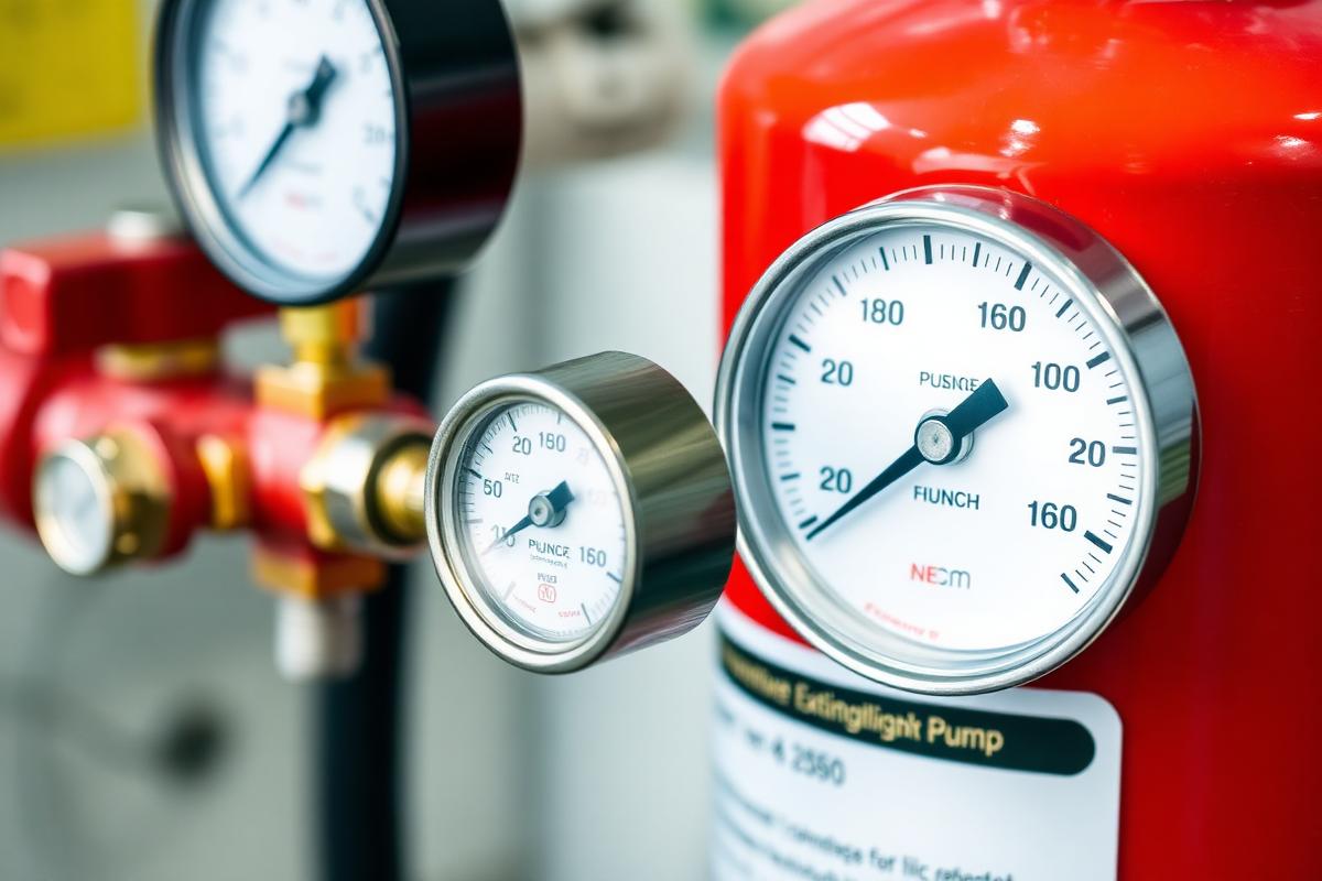 Manometer dan pompa uji hidrostatik terhubung ke tabung pemadam api